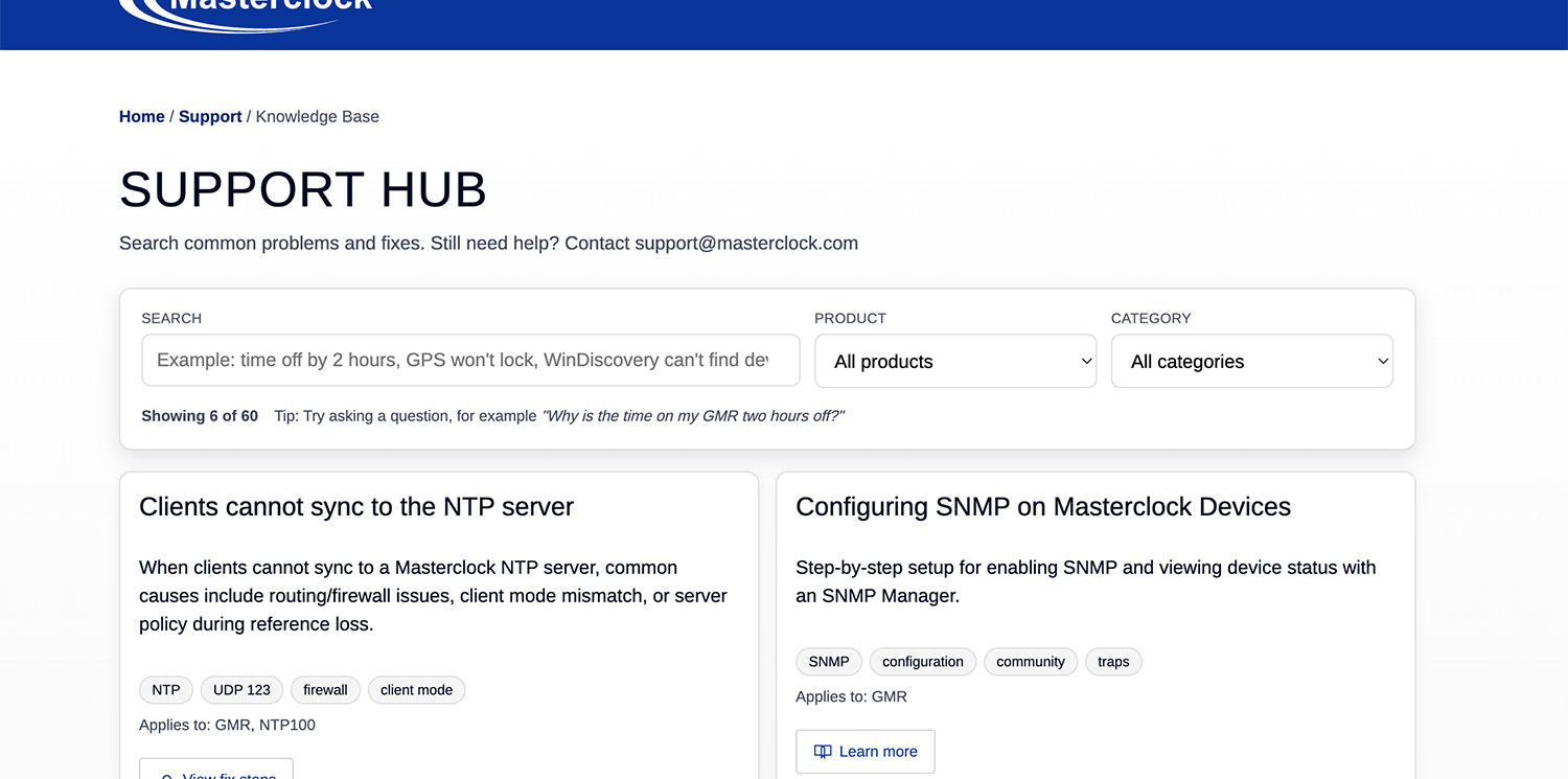 Masterclock Support Hub