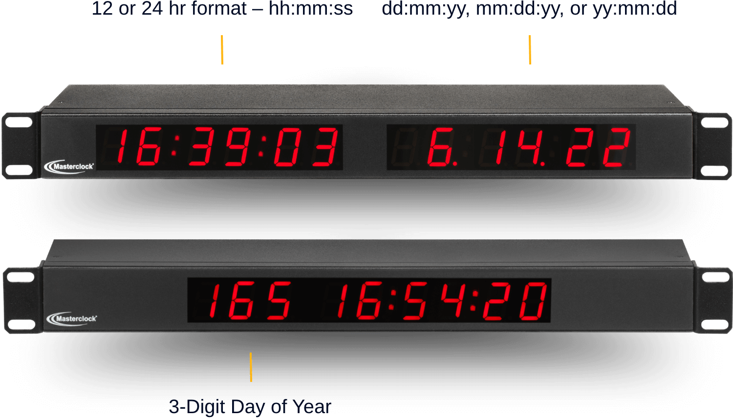 Stacked Digital Display Clocks with the text '12 or 24 hr format - hh:mm:ss', 'dd:mm:yy, mm:dd:yy, or yy:mm:dd', and '3-Digit Day of Year'