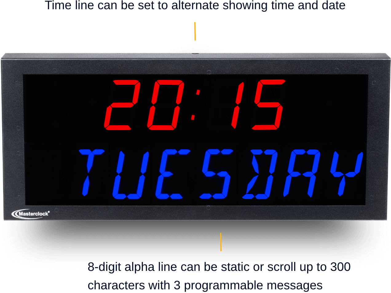 Time Zone Clock with the text 'Time line can be set to alternate showing time and date' and '8-digit alpha line can be static or scroll up to 300 characters with 3 programmable messages'